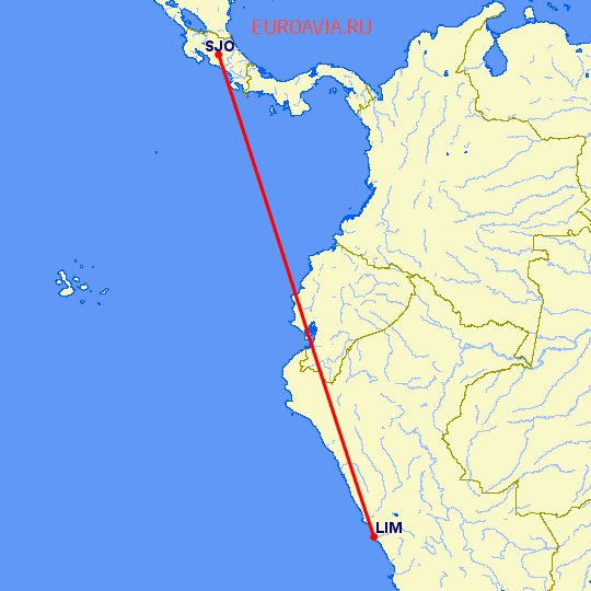 перелет Сан Хосе — Лима на карте