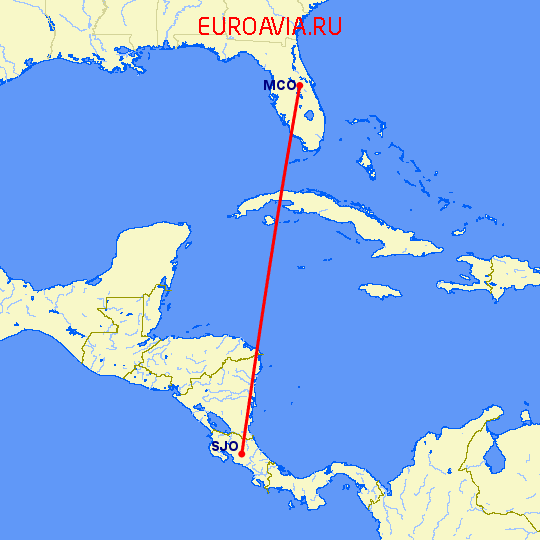 перелет Сан Хосе — Орландо на карте