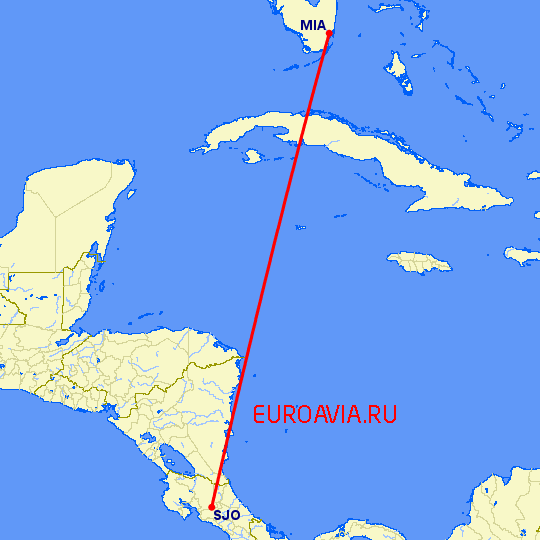 перелет Сан Хосе — Майами на карте