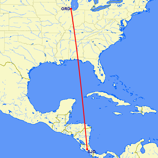 перелет Сан Хосе — Чикаго на карте