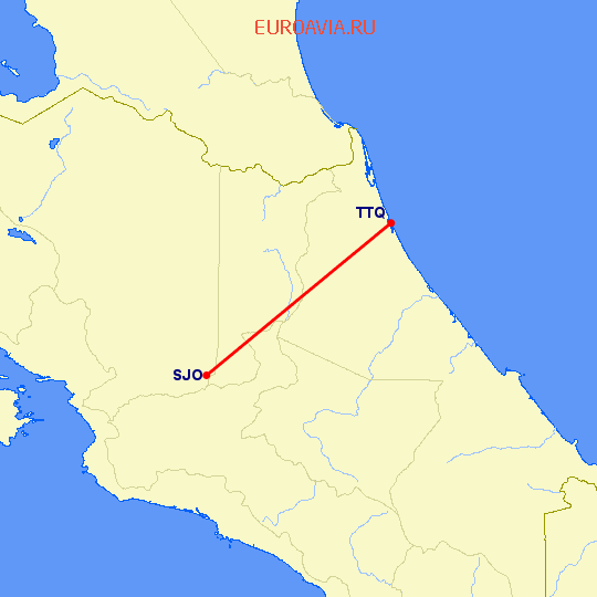 перелет Сан Хосе — Тортукеро на карте