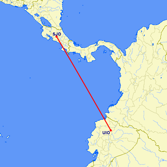 перелет Сан Хосе — Кито на карте