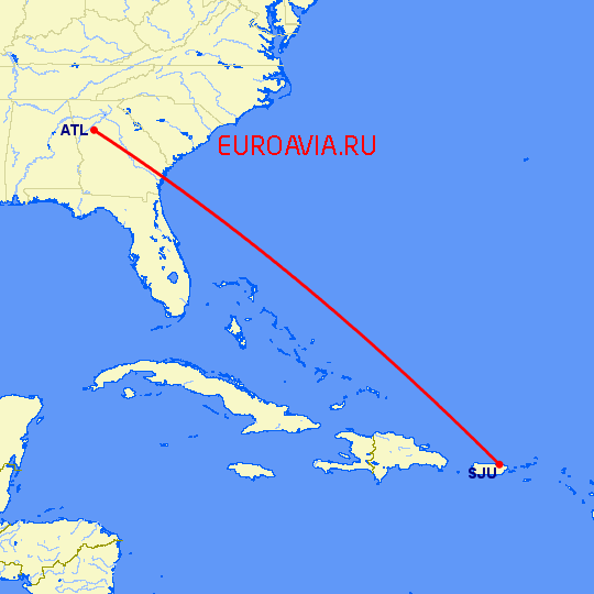 перелет Сан Хуан — Атланта на карте