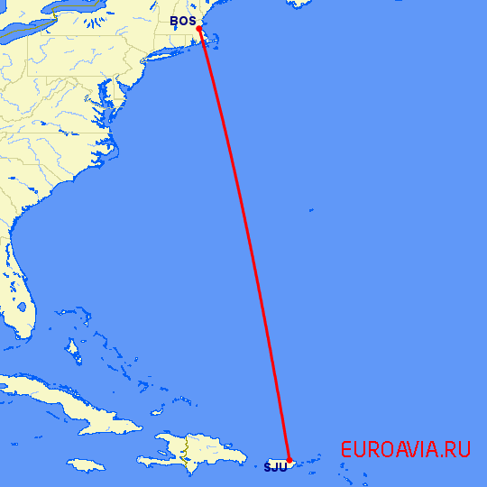 перелет Сан Хуан — Бостон на карте