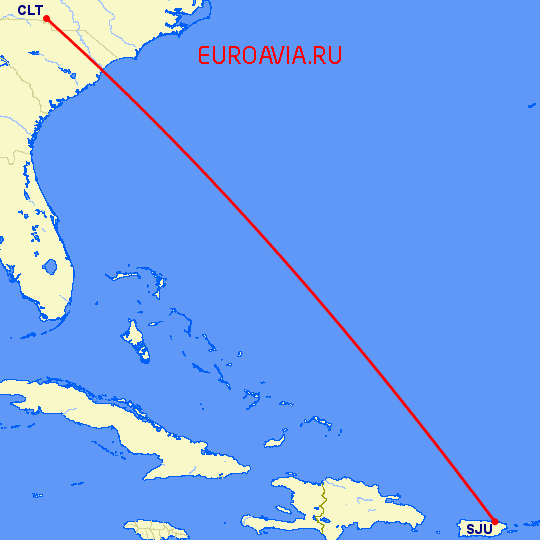 перелет Сан Хуан — Шарлотт на карте