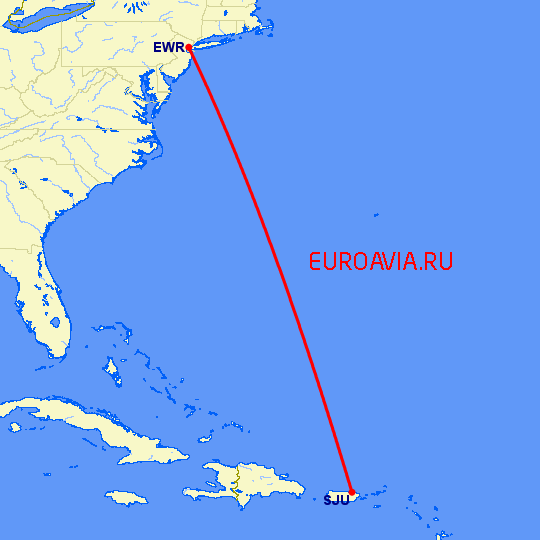 перелет Сан Хуан — Ньюарк на карте