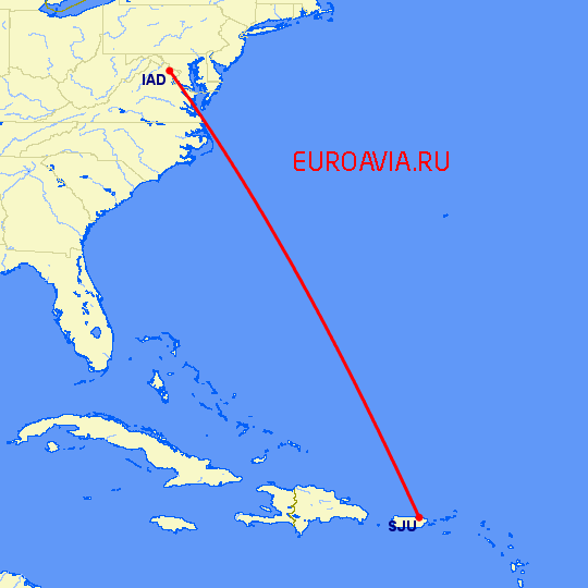 перелет Сан Хуан — Вашингтон на карте