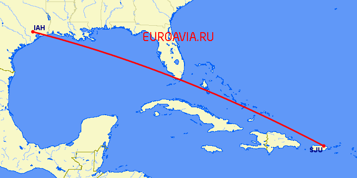 перелет Сан Хуан — Хьюстон на карте