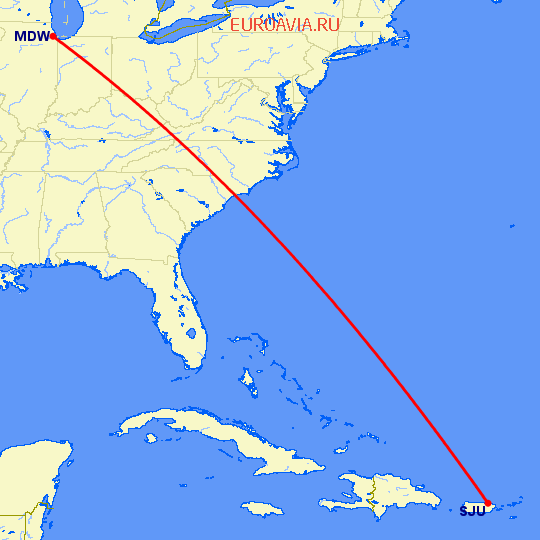 перелет Сан Хуан — Чикаго на карте