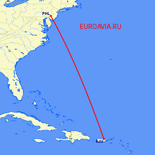 перелет Сан Хуан — Филадельфия на карте