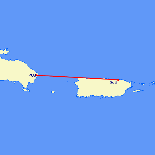 перелет Сан Хуан — Пунта Кана на карте