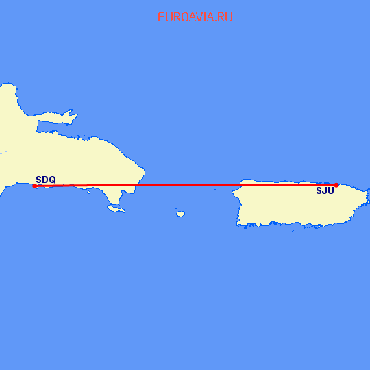 перелет Сан Хуан — Санто Доминго на карте