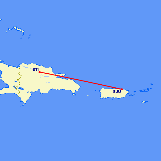 перелет Сан Хуан — Сантьяго на карте