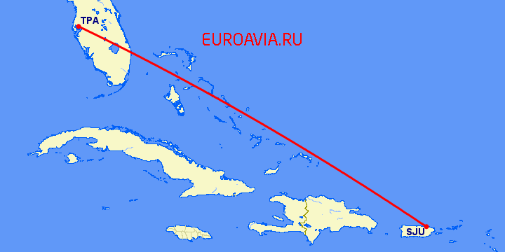 перелет Сан Хуан — Тампа на карте