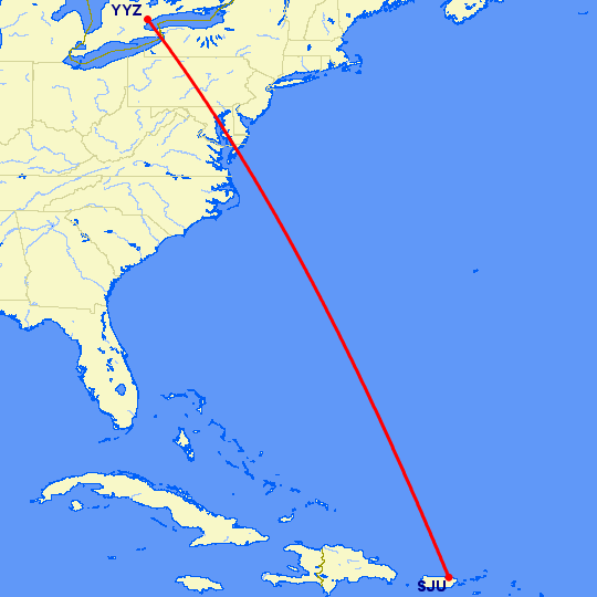 перелет Сан Хуан — Торонто на карте