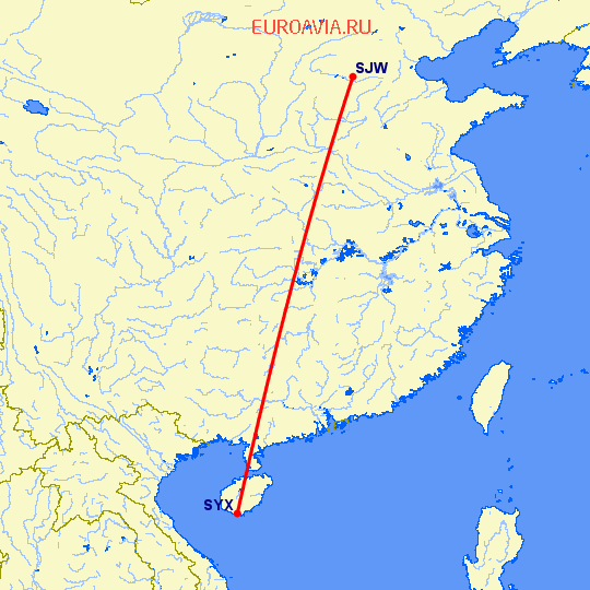 перелет Шицзяжун — Санья на карте