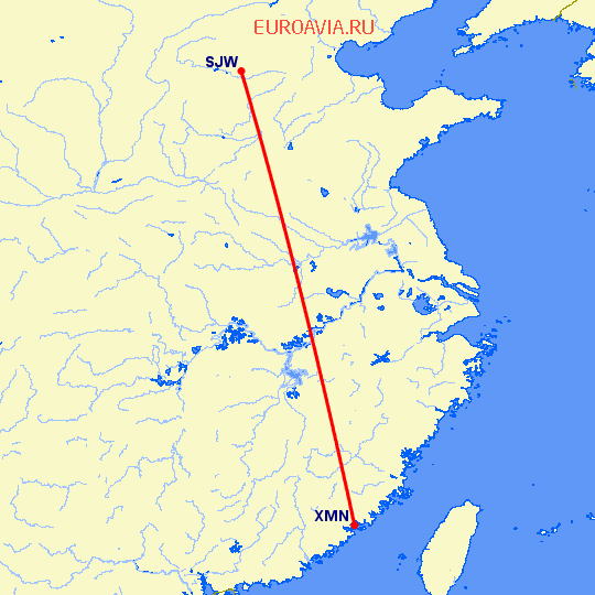 перелет Шицзяжун — Сямэнь на карте