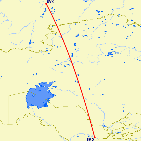 перелет Самарканд — Екатеринбург на карте