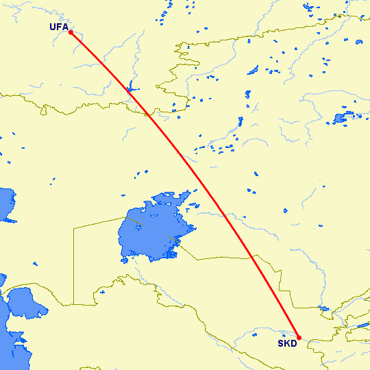 перелет Самарканд — Уфа на карте