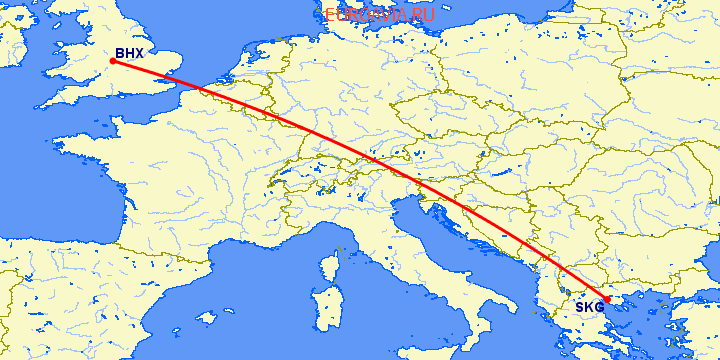 перелет Салоники — Бирмингем на карте