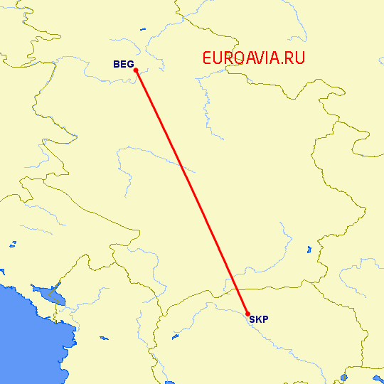 перелет Скопье — Белград на карте