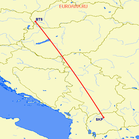 перелет Скопье — Братислава на карте