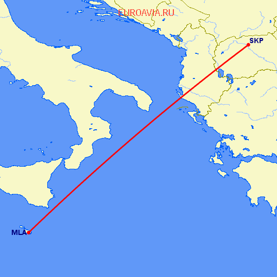 перелет Скопье — Мальта на карте