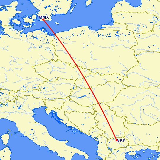 перелет Скопье — Малмо на карте