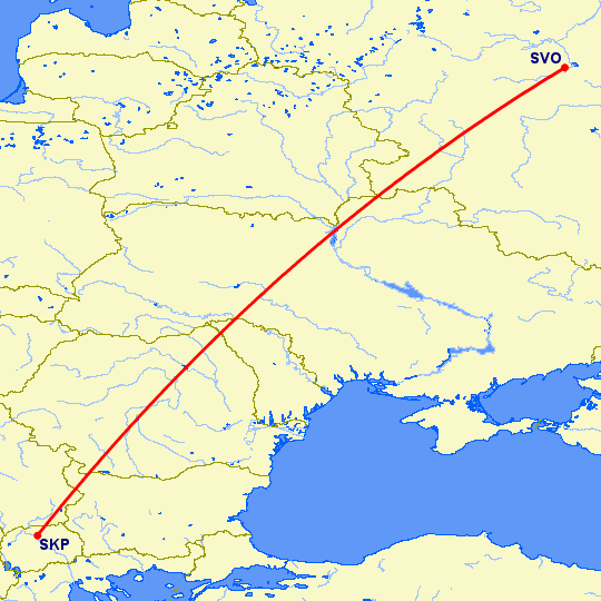 перелет Скопье — Москва на карте