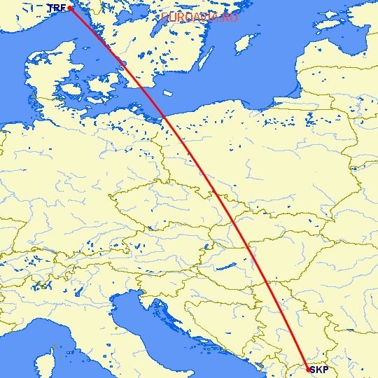 перелет Скопье — Осло Торп на карте