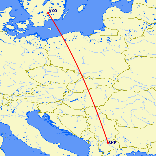 перелет Скопье — Vaxjo на карте