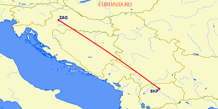 перелет Скопье — Загреб на карте