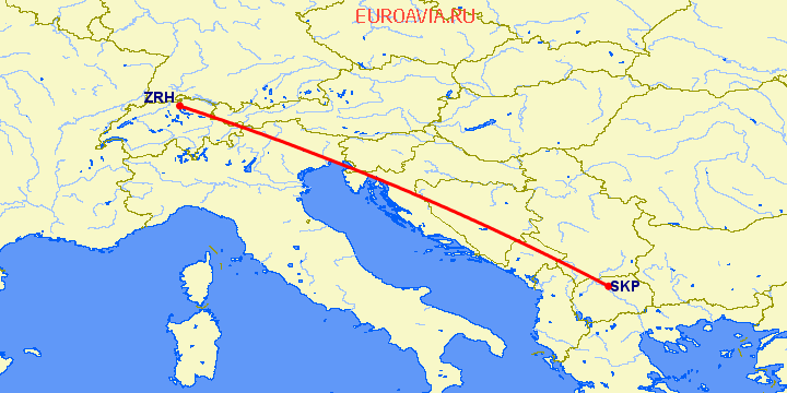 перелет Скопье — Цюрих на карте