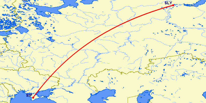 перелет Салехард — Симферополь на карте