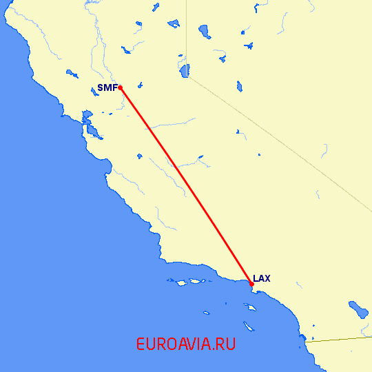 перелет Сакраменто — Лос Анджелес на карте