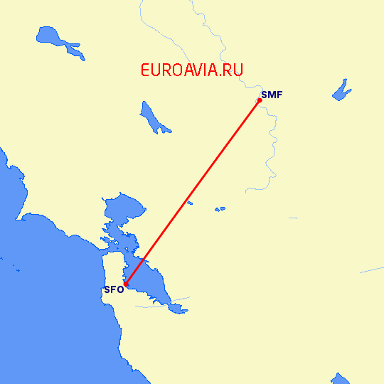 перелет Сакраменто — Сан Франциско на карте