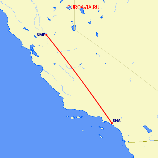 перелет Сакраменто — Санта Ана на карте