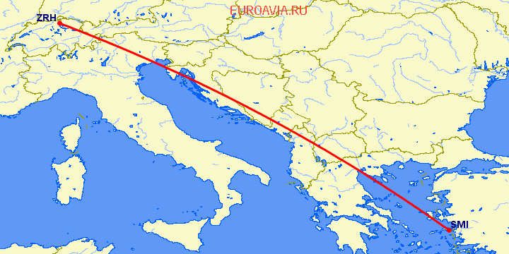 перелет Samos — Цюрих на карте