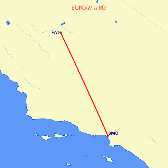 перелет Санта Моника — Фресно на карте