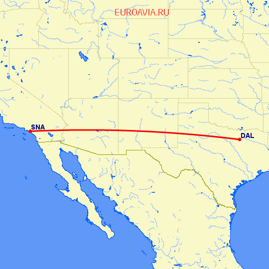перелет Санта Ана — Даллас на карте