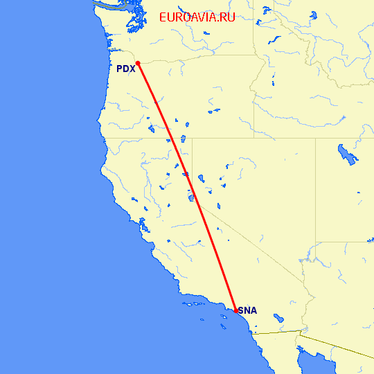 перелет Санта Ана — Портленд на карте