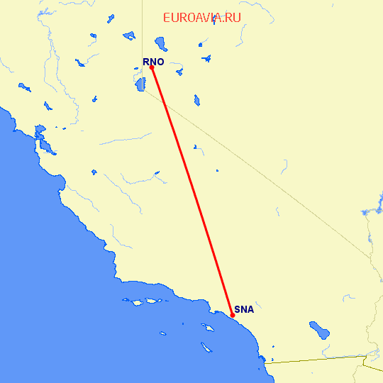 перелет Санта Ана — Рино на карте