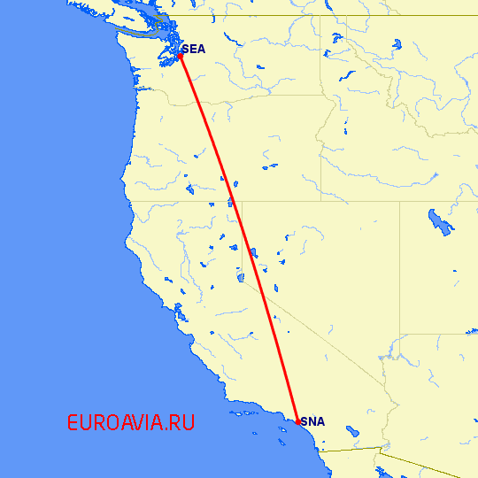 перелет Санта Ана — Сиэтл на карте