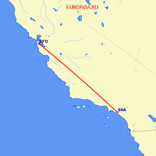 перелет Санта Ана — Сан Франциско на карте