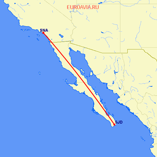 перелет Санта Ана — San Jose Del Cabo на карте
