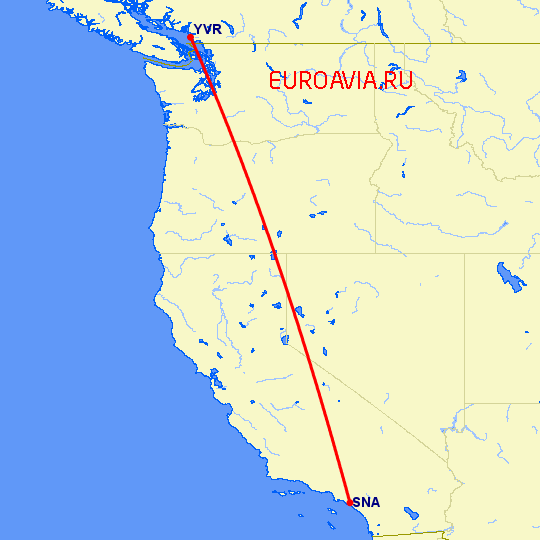перелет Санта Ана — Ванкувер на карте