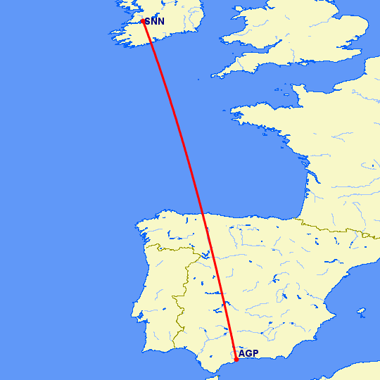перелет Шеннон — Малага на карте