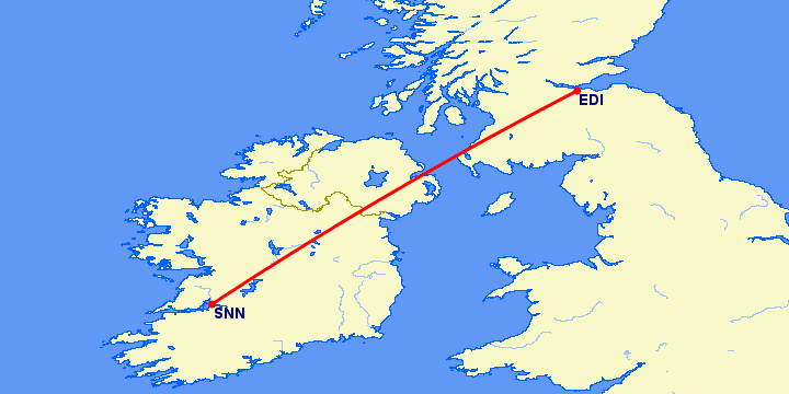 перелет Шеннон — Эдинбург на карте