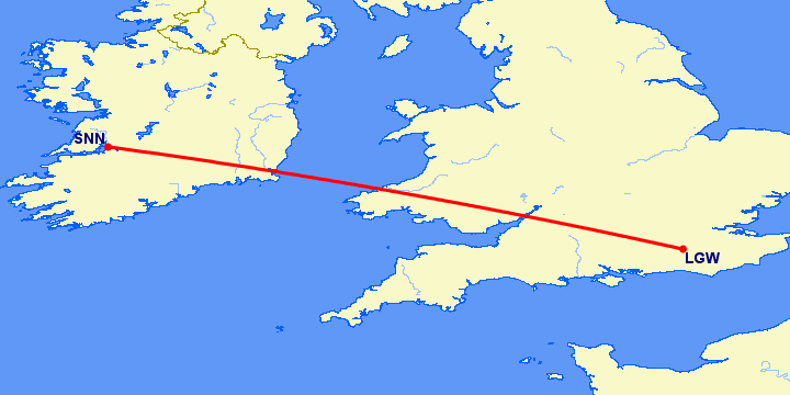 перелет Шеннон — Лондон на карте