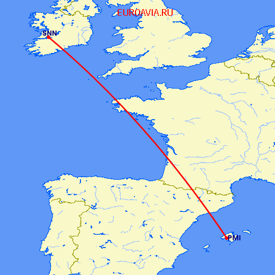 перелет Шеннон — Пальма де Майорка на карте